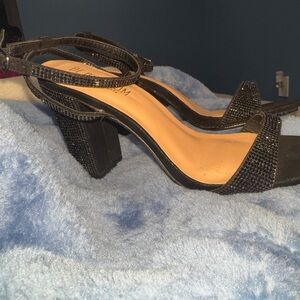 Black Beaded Open Toe Block Heels